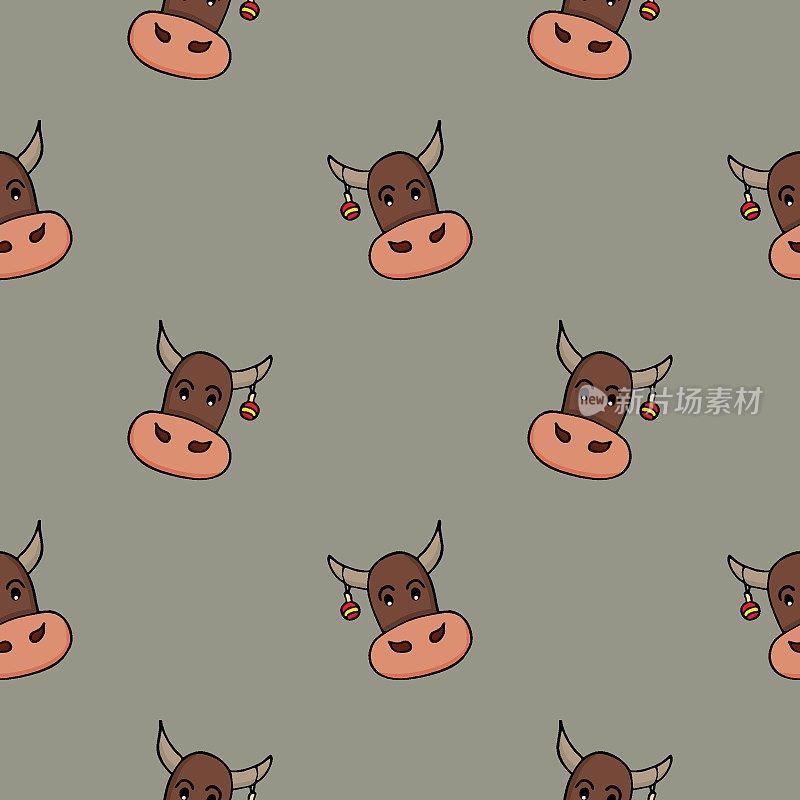 Seamless pattern with hand drawn new year bull. Doodle style vector textures on colored background. For wallpaper, packaging, posters, cards or other design.